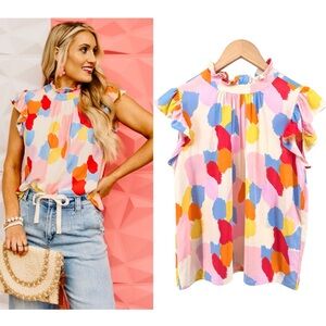 THML Flutter Sleeve Blouse XS Abstract Print Colorful Ruffle Mock Neck Keyhole